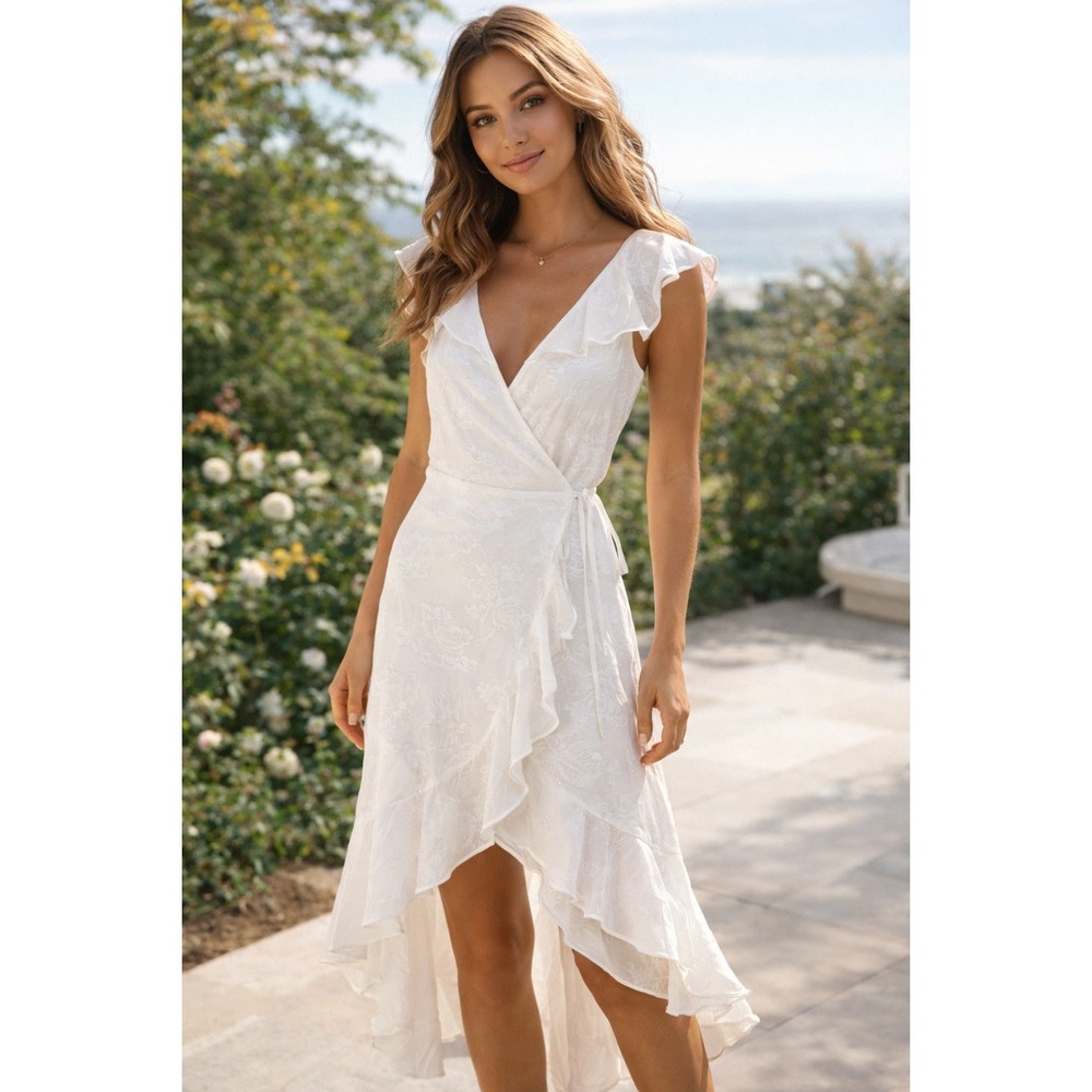 Lulus White Ruffle Wrap Dress Tie Waist Layered Hem Flowy Summer Style S